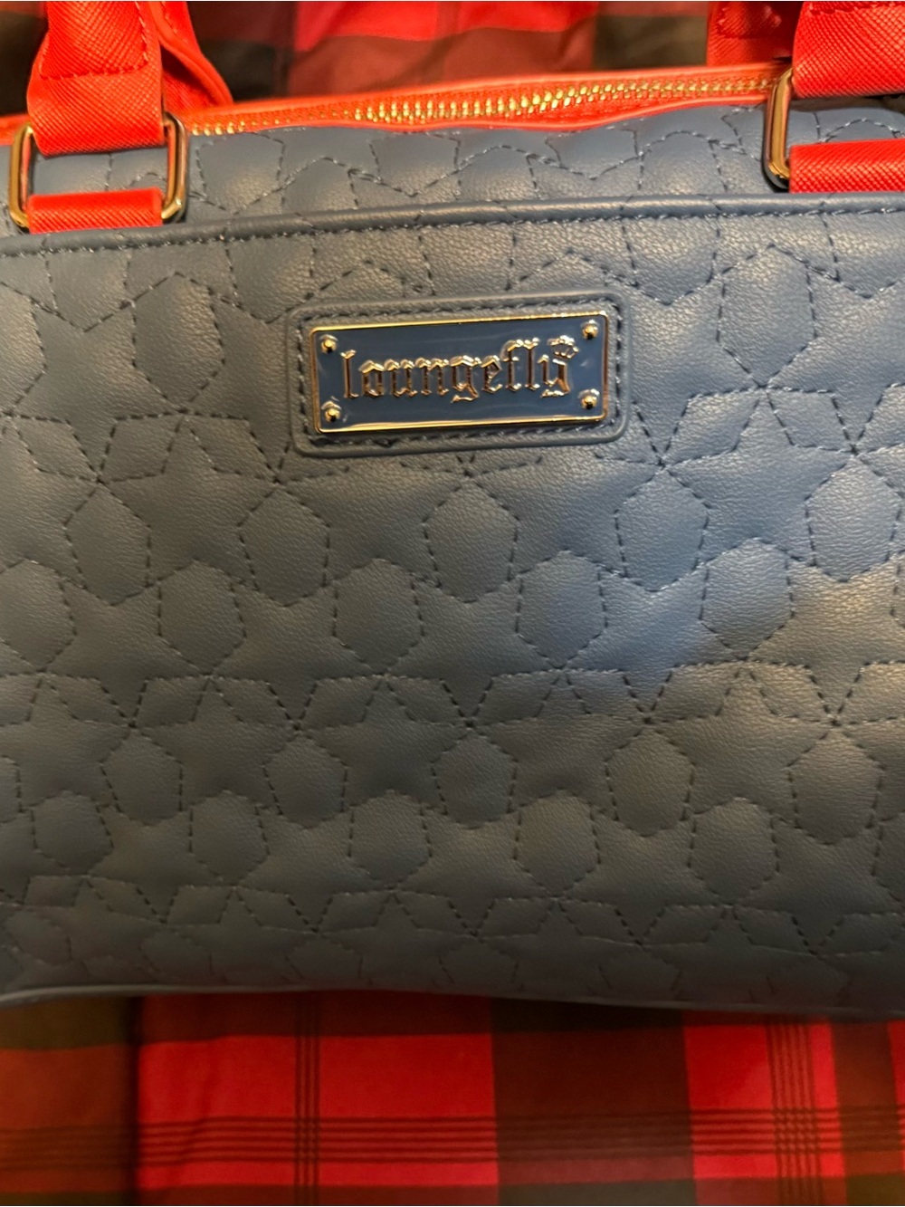 Loungefly Blue Quilted Tote Bag with Red Straps